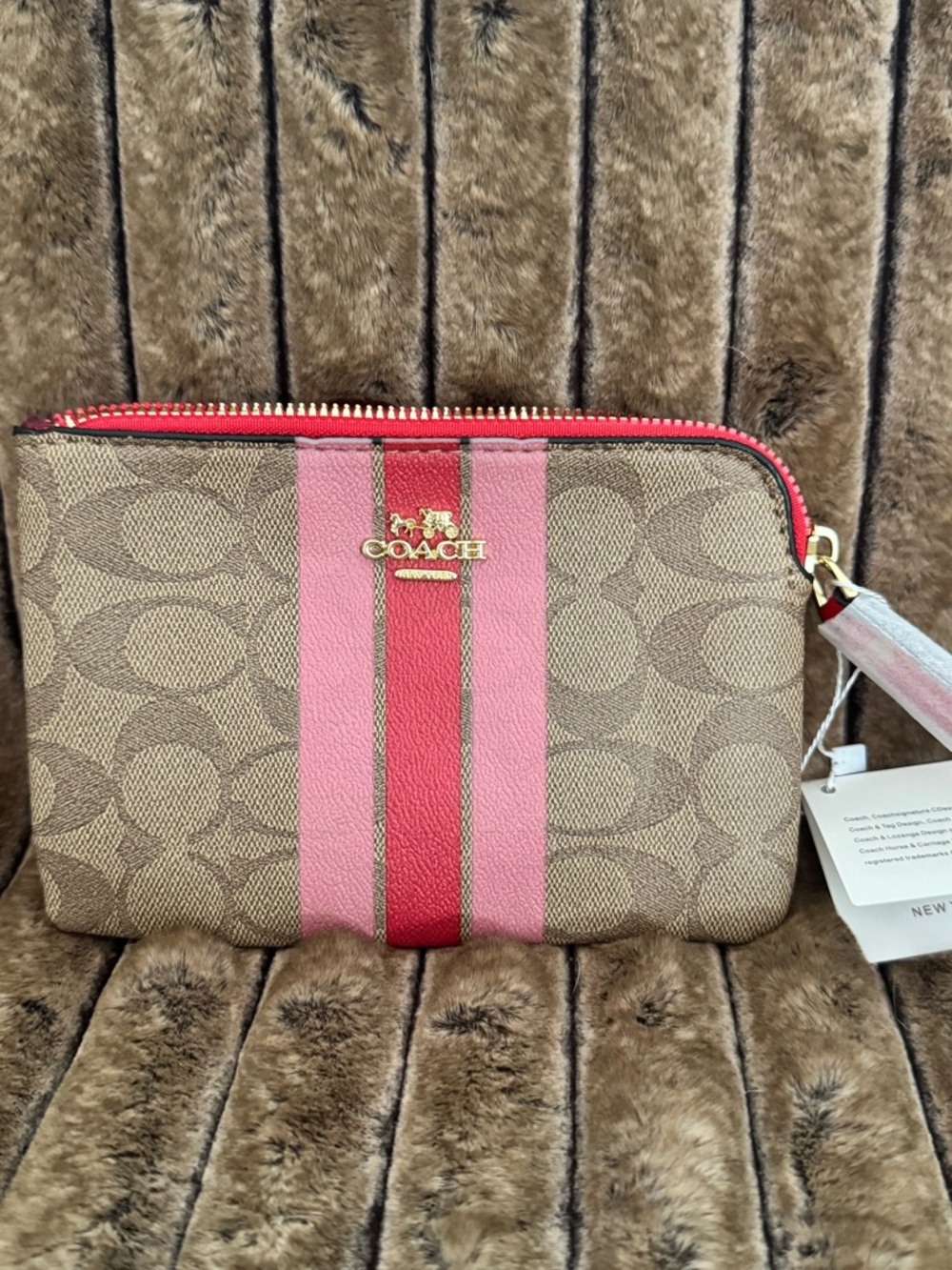 Coach Signature Canvas Wristlet - Pink & Red Stripe
